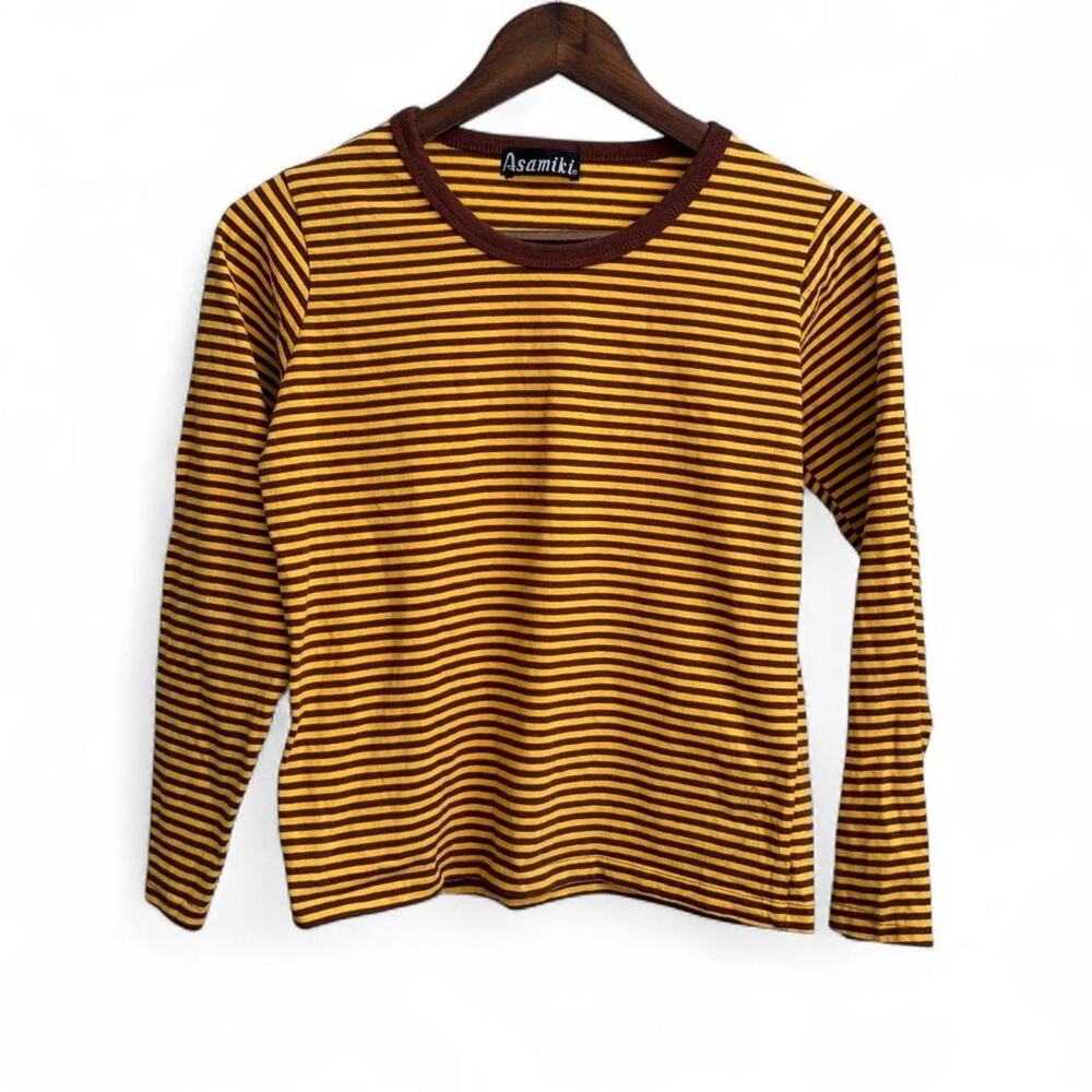 Vintage Y2K Mustard Striped Long Sleeve Top Women’s S 2000s Indie Cute French